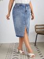 SHEIN LUNE Plus Size Front Slit Distressed Detail Denim Skirt