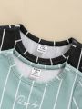 SHEIN Baby Boy Casual Letter Printed Striped Short Sleeve Top And Shorts 4pcs Set