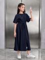 SHEIN Kids Nujoom Big Girls' Loose Vintage Check Pattern Drawstring Waist Bowknot Decorated Dark Blue Midi Dress