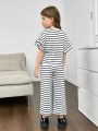 SHEIN Kids SUNSHNE Young Girls' Knitted Loose Fit Striped Top And Wide Leg Pants Casual Two-Piece Set