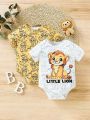 SHEIN 2pcs/Set Toddler Boys' Casual Lion Pattern Printed Short Sleeve Bodysuit For Daily Wear And Home, Spring And Summer