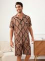 Men'S Printed Button-Front Shirt & Shorts Pajama Set With Pockets