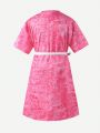 SHEIN Kids HYPEME 1pc Tween Girls' Digital Printed Sequined Dress With Belt For Spring & Summer