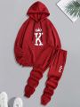 Manfinity Men's Crown & Letter Printed Hoodie & Sweatpants Two-Piece Set With Drawstring