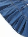 Teen Girls' Streetwear Dark Washed Blue Long Sleeve Denim Dress With Pleats