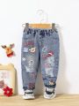 Baby Girl Christmas & Letter Graphic Ripped Jeans