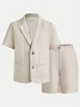SHEIN Kids FANZEY 2pcs Tween Boys' Loose Elegant Notched Collar Short Sleeve Suit And Shorts Set