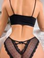 Lace Trimmed Butterfly Knot Decor Hollow Out Mesh Thong Panties