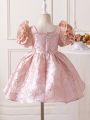SHEIN Kids CHARMNG Little Girls' Square Neck Dress With 3d Rose Decoration And Jacquard Fabric