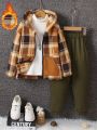 Young Boy Plaid Print Zip Up Hooded Jacket & Pants Without Sweater