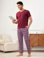 Men'S Round Neck Short Sleeve Plaid Long Pants Homewear Set