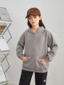 SHEIN Tween Girls' Simple Street Style Knitted Pullover Hoodie With Slogan Print