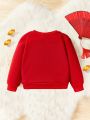 Baby Girls' Casual Round Neck Sweatshirt With New Year Slogan Print, Suitable For Autumn And Winter