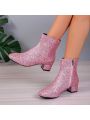 Women's Pink Glitter Decor Thick Heeled Western Style Boots With Side Zipper