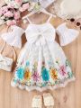 SHEIN Kids Nujoom Young Girl's Romantic Floral Embroidery Mesh Splicing Dress With Bowknot Decor And Off Shoulder Design