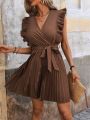 Women'S Solid Color Wrap V-Neck Ruffle Hem Pleated Belted Dress