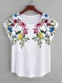 Plus Size Women's Floral Printed Batwing Short Sleeve T-Shirt