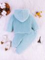 Baby Boy Stylish Thickened Plush Hooded Top And Pants Set For Autumn And Winter