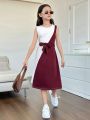 SHEIN Kids EVRYDAY Tween Girl's Knitted Color Block Loose Fit Casual Sleeveless Dress With Round Neckline
