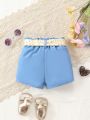 Baby Girl's Denim-Like Printed Shorts With Floral Belt, Fashionable, Elegant, Cute And Comfortable