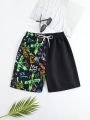 Teen Boys' Letter & Cartoon & Face Printed Beach Shorts