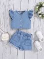 SHEIN SHEIN Baby Girl Spring Summer  Boho Lovely Doll Casual Soft And Comfortable Denim Bell Sleeve Top And Shorts Outfit Jeans Shorts  Clothes Set