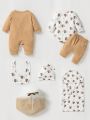SHEIN Newborn Baby Boys' 1-Month Gift Box Set Including Cute Cartoon Bear Printed Romper & Pants, Simple And Comfortable Spring/Summer Outfits