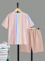 SHEIN Kids SUNSHNE Tween Boys' Striped Short Sleeve T-Shirt And Shorts Casual Comfortable 2pcs Outfit