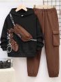 SHEIN Tween Boy Bear And Letter Graphic Hoodie & Sweatpants & Bag