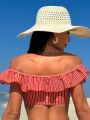 SHEIN Swim Vcay Women's Striped Bandeau Bikini Top With Ruffled Hem