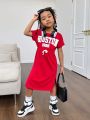 SHEIN Kids Cooltwn Girls' Casual Short Sleeve Knit Round Neck Dress For Everyday Wear