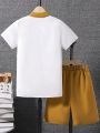 SHEIN Kids FANZEY Tween Boys' Color Blocking Short Sleeve Letter Panel Shirt And Shorts Set