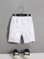 SHEIN Toddler Boys' Ripped Frayed Skinny White Denim Jeans Shorts , For Spring And Summer Toddler Boy Outfits