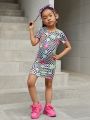 SHEIN Kids Cooltwn Young Girl's Casual Knitted Short Sleeve Dress With Floral & Checkerboard Pattern Print For Spring/Summer