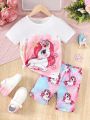 SHEIN Kids QTFun Young Girls' Unicorn Printed Short Sleeve Shirt With Shorts Set For Spring & Summer