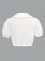 Teen Girls' Solid Color Peter Pan Collar Short Sleeve Shirt