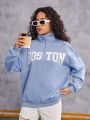 Teenagers' Knitted Letter Pattern Stand Collar Half-Zip Sports Casual Sweatshirt
