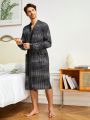 Men's Full Print Long Sleeve Bathrobe With Double Pockets For Home