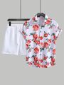 Manfinity Men's Flower Print Shirt And Drawstring Waist Shorts Set
