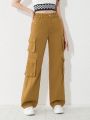 Teen Girls' Casual & Fashionable Workwear Style Multi-Pocket Denim Pants