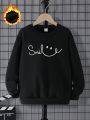 1pc Funny Cool Big Boys' Fashionable Sweatshirt With Face & Letter Print Fleece And Round Neck, Autumn/winter