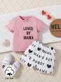 SHEIN 2pcs/Pack Baby Boys' Casual Alphabet Pattern Printed Outfit, Suitable For Spring And Summer Outings