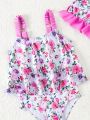 Baby Girls' One-Piece Bathing Suit With Floral Print And Ruffle Hem, With Swim Cap