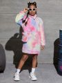 Tween Girl Tie Dye Drop Shoulder Flannel Hoodie Dress With Bag