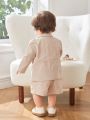 SHEIN Baby Boy Gentleman Style Collared Cardigan With Buttons And Solid Color Casual Shorts Set