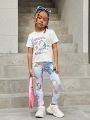 SHEIN Kids Cooltwn Young Girls' Daily Casual Spring/Summer Knitwear Set, With Unicorn Printed Lettering Short-Sleeved T-Shirt And Pants