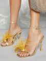 Women Metallic Fluffy Decor Pyramid Heeled Ankle Strap Sandals, Glamorous Summer Heeled Sandals
