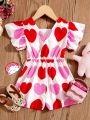 Little Girls' Romantic & Lovely Heart Pattern Printed Comfortable Party Short Sleeve Romper For Summer