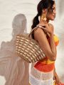 SHEIN VCAY Double Handle Woven Women's Tote Bag,Straw Bag,Perfect For Summer Beach Travel Vacation,For Outdoor,Holiday