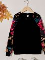 SHEIN Kids Cooltwn Girls' Floral Print Splicing Drop Shoulder Round Neck Sweatshirt, For Teenagers